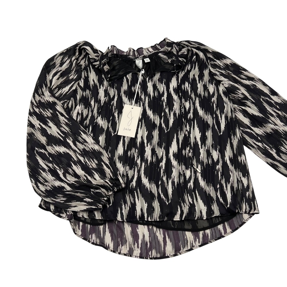 Joie Womens Black White Ikat Ruffle Neck Metallic Stripe Blouse 1261868